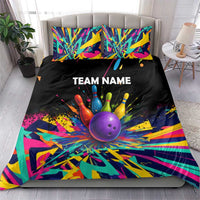 Custom Bowling Strike Design Bedding Set Colorful Pins and Purple Ball in Abstract Splatter Art Style - Wonder Print Shop