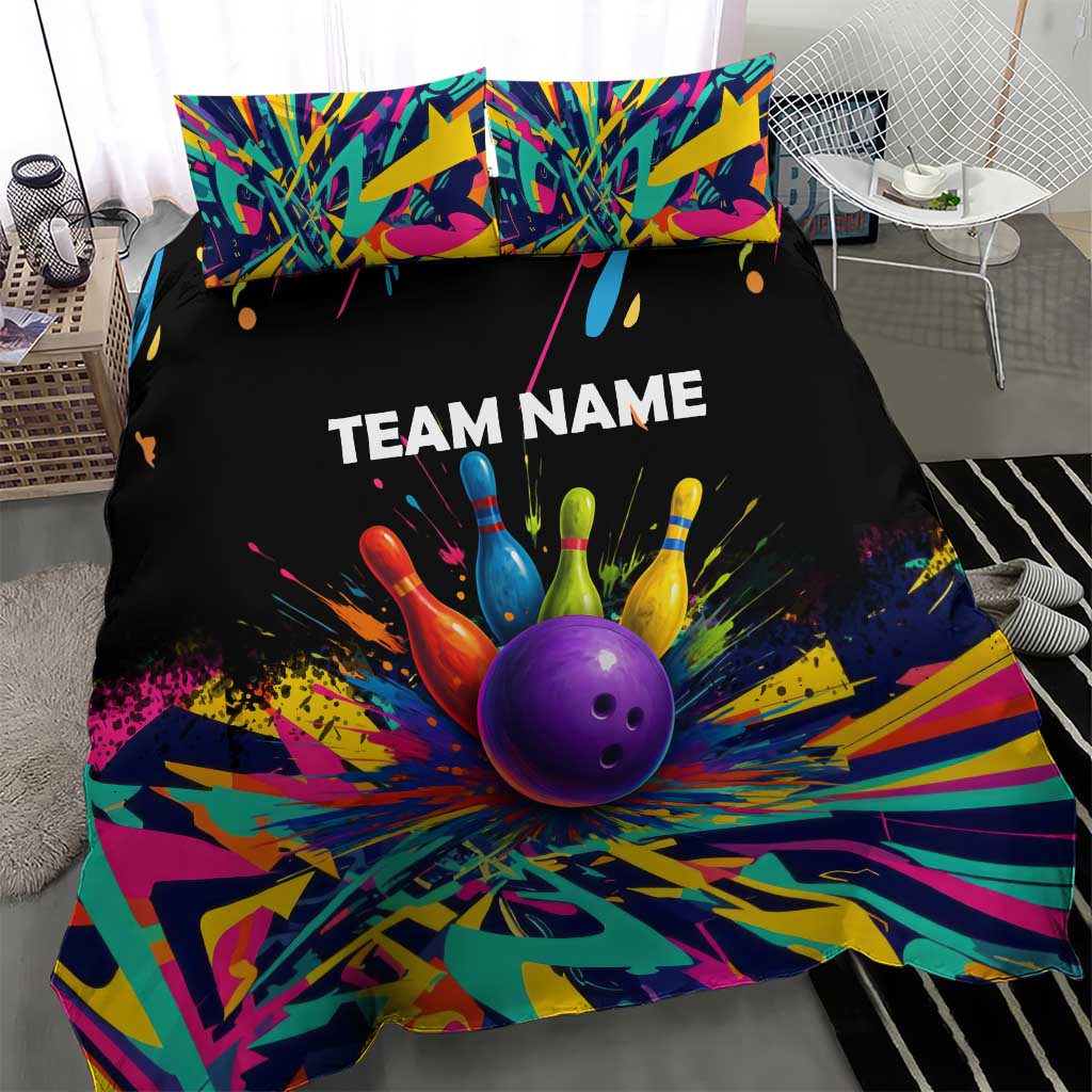 Custom Bowling Strike Design Bedding Set Colorful Pins and Purple Ball in Abstract Splatter Art Style - Wonder Print Shop