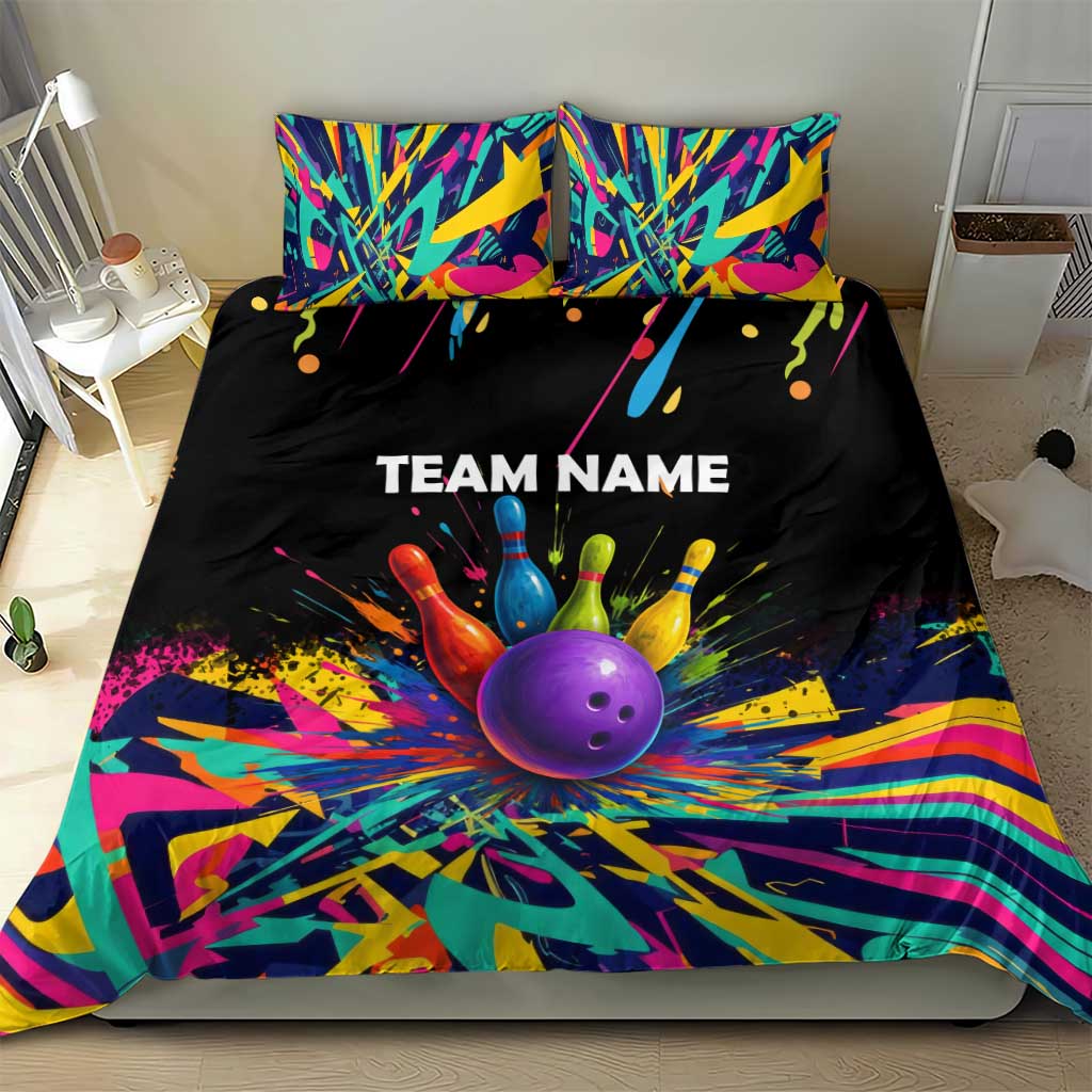 Custom Bowling Strike Design Bedding Set Colorful Pins and Purple Ball in Abstract Splatter Art Style - Wonder Print Shop