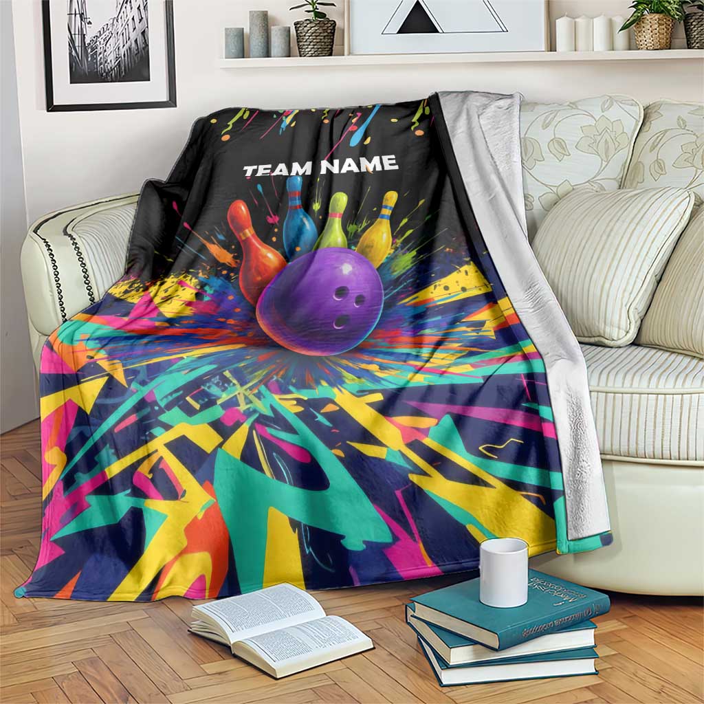 Custom Bowling Strike Design Blanket Colorful Pins and Purple Ball in Abstract Splatter Art Style - Wonder Print Shop