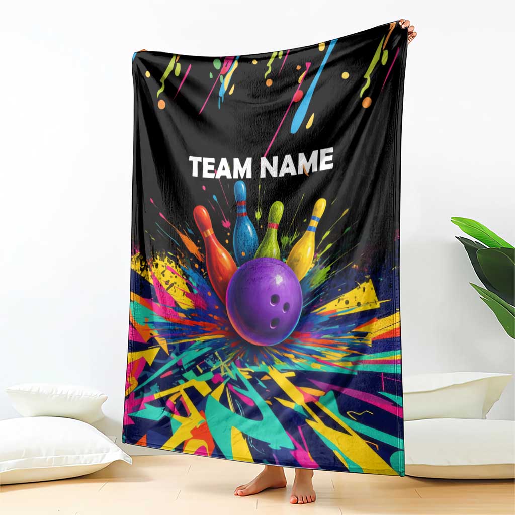 Custom Bowling Strike Design Blanket Colorful Pins and Purple Ball in Abstract Splatter Art Style - Wonder Print Shop