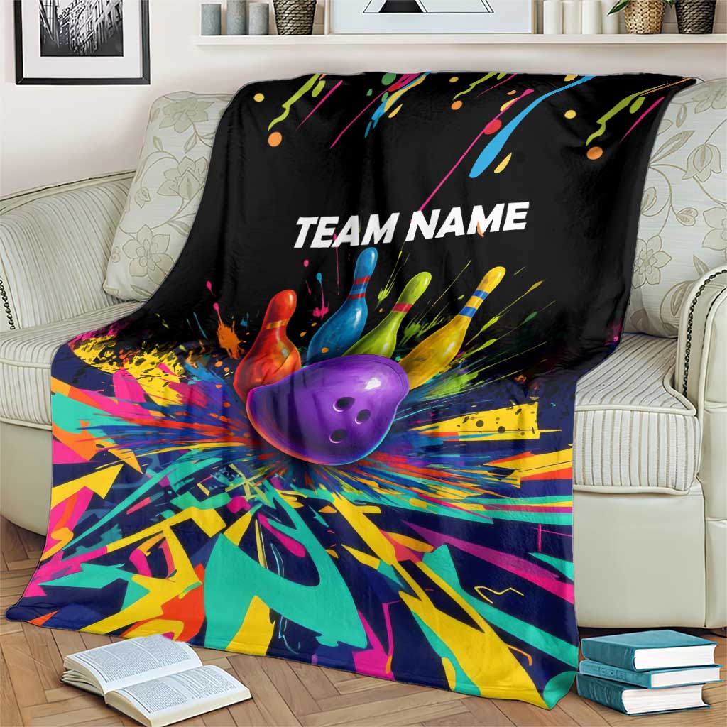 Custom Bowling Strike Design Blanket Colorful Pins and Purple Ball in Abstract Splatter Art Style - Wonder Print Shop