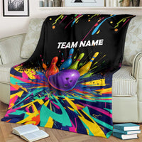 Custom Bowling Strike Design Blanket Colorful Pins and Purple Ball in Abstract Splatter Art Style - Wonder Print Shop