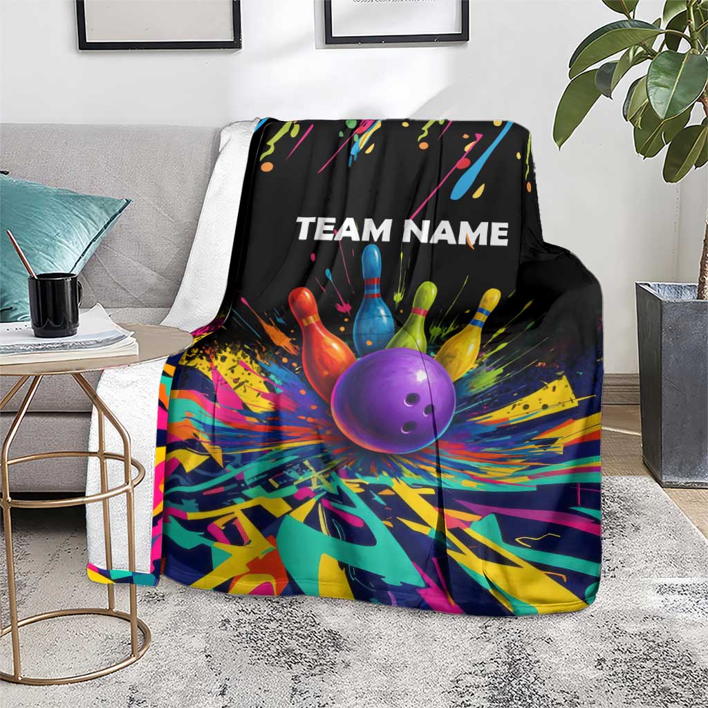 Custom Bowling Strike Design Blanket Colorful Pins and Purple Ball in Abstract Splatter Art Style - Wonder Print Shop