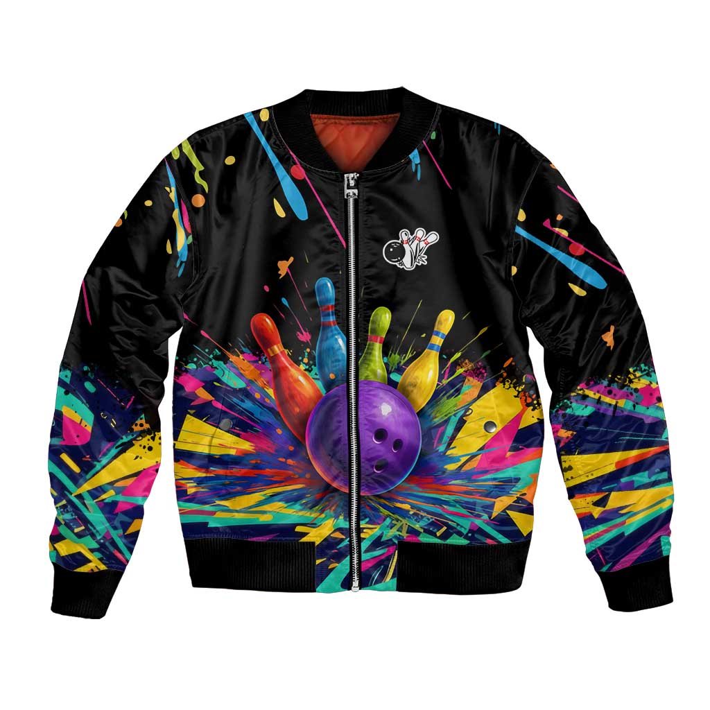 Custom Bowling Strike Design Bomber Jacket Colorful Pins and Purple Ball in Abstract Splatter Art Style - Wonder Print Shop