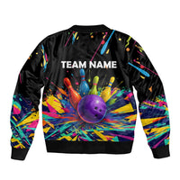 Custom Bowling Strike Design Bomber Jacket Colorful Pins and Purple Ball in Abstract Splatter Art Style - Wonder Print Shop