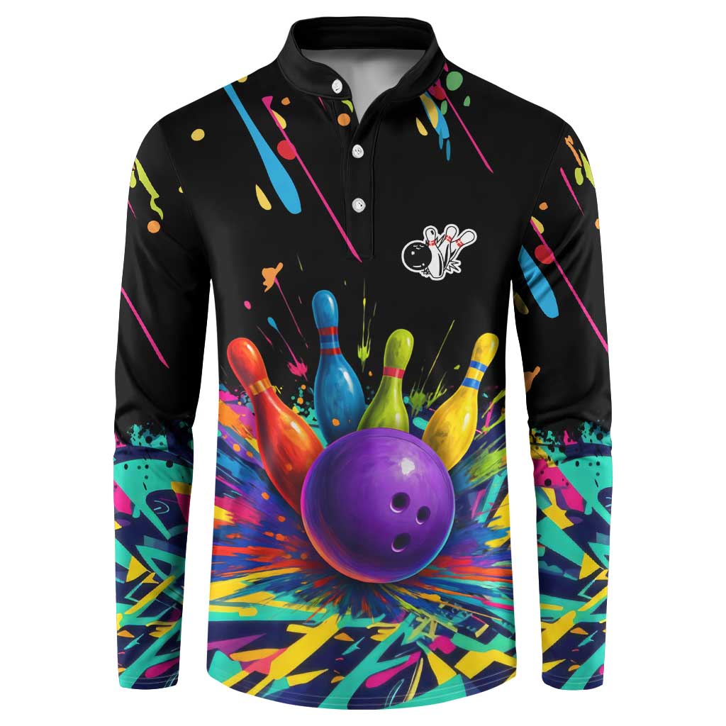 Custom Bowling Strike Design Button Sweatshirt Colorful Pins and Purple Ball in Abstract Splatter Art Style - Wonder Print Shop