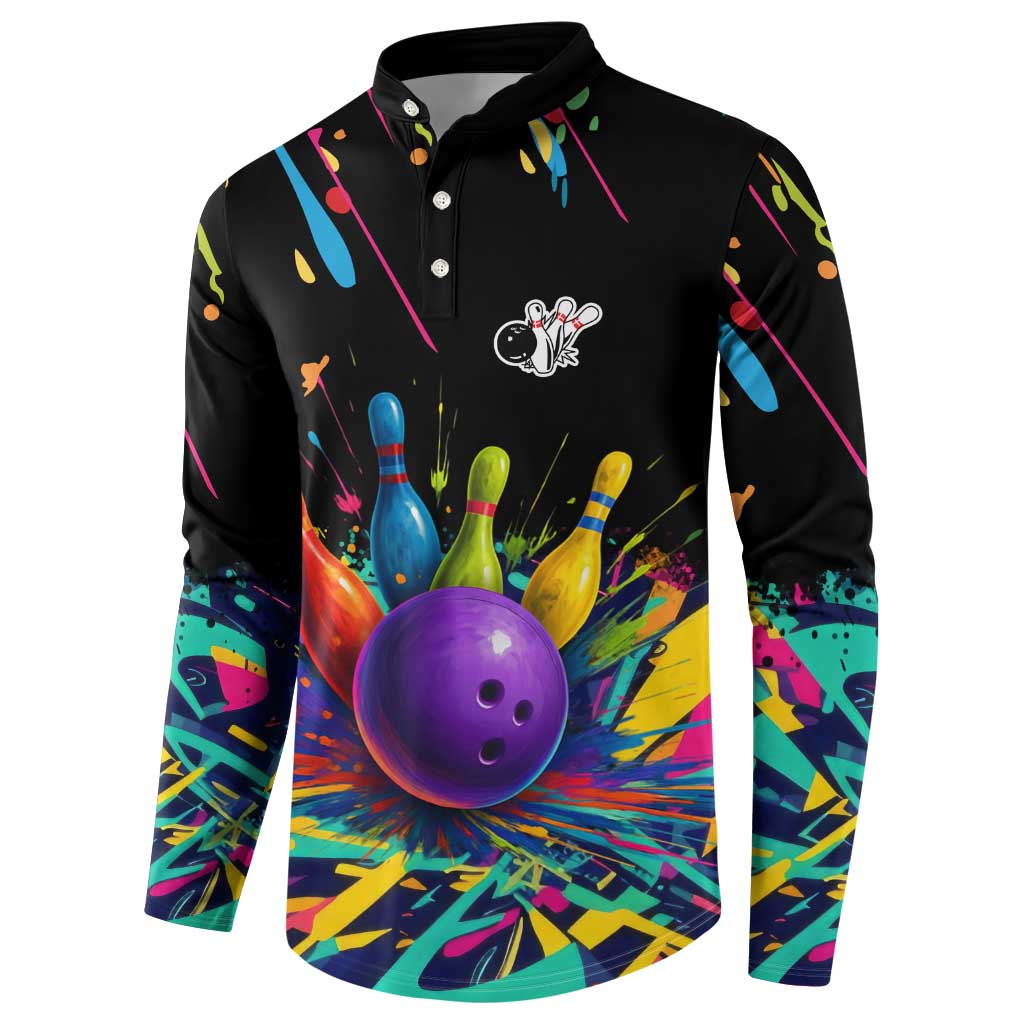 Custom Bowling Strike Design Button Sweatshirt Colorful Pins and Purple Ball in Abstract Splatter Art Style - Wonder Print Shop