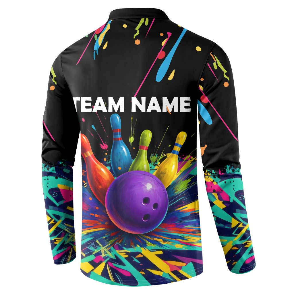 Custom Bowling Strike Design Button Sweatshirt Colorful Pins and Purple Ball in Abstract Splatter Art Style - Wonder Print Shop