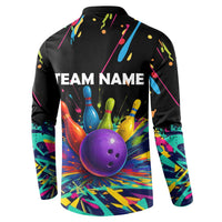 Custom Bowling Strike Design Button Sweatshirt Colorful Pins and Purple Ball in Abstract Splatter Art Style - Wonder Print Shop