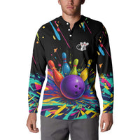 Custom Bowling Strike Design Button Sweatshirt Colorful Pins and Purple Ball in Abstract Splatter Art Style - Wonder Print Shop