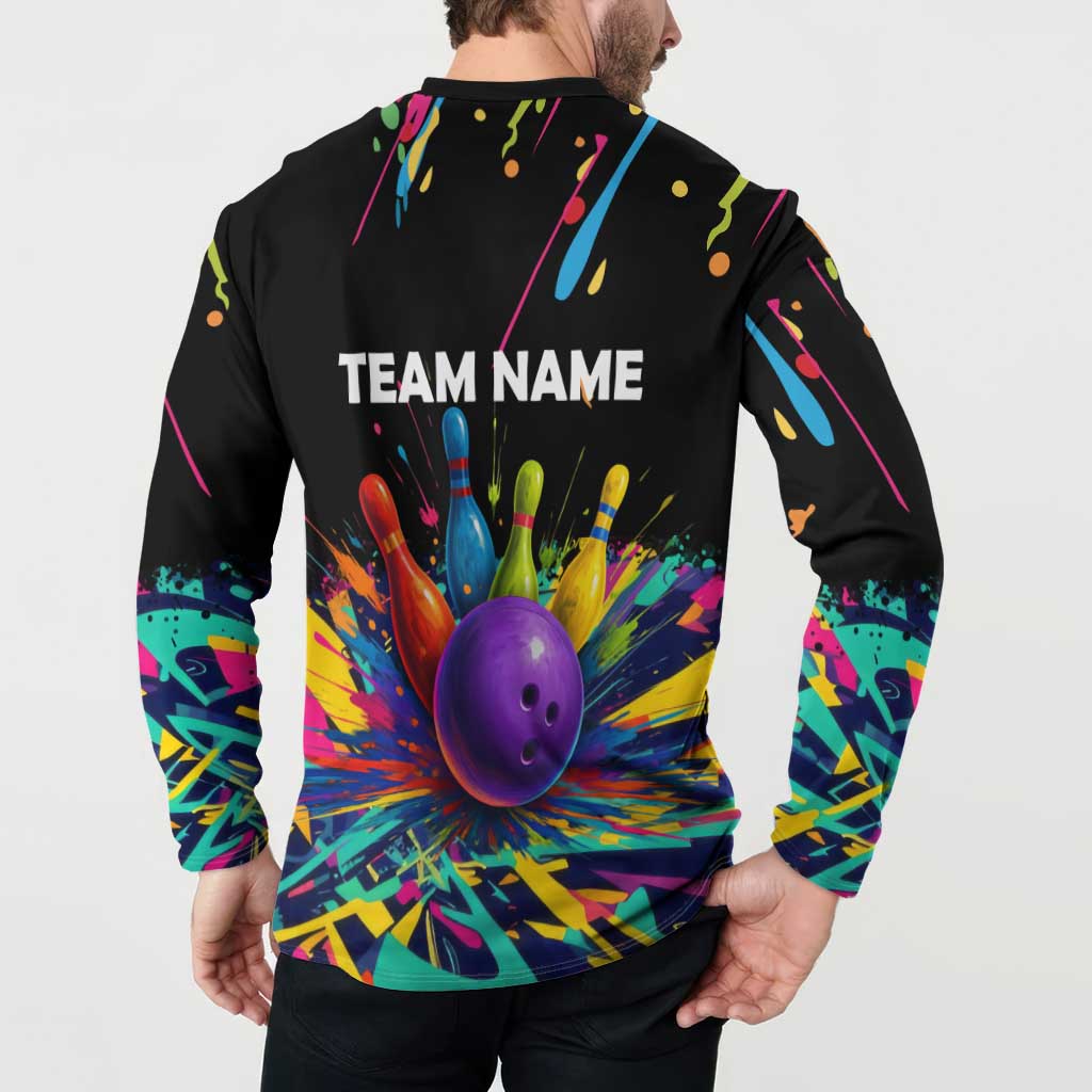 Custom Bowling Strike Design Button Sweatshirt Colorful Pins and Purple Ball in Abstract Splatter Art Style - Wonder Print Shop