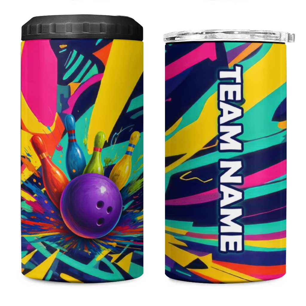 Custom Bowling Strike Design 4 in 1 Can Cooler Tumbler Colorful Pins and Purple Ball in Abstract Splatter Art Style - Wonder Print Shop