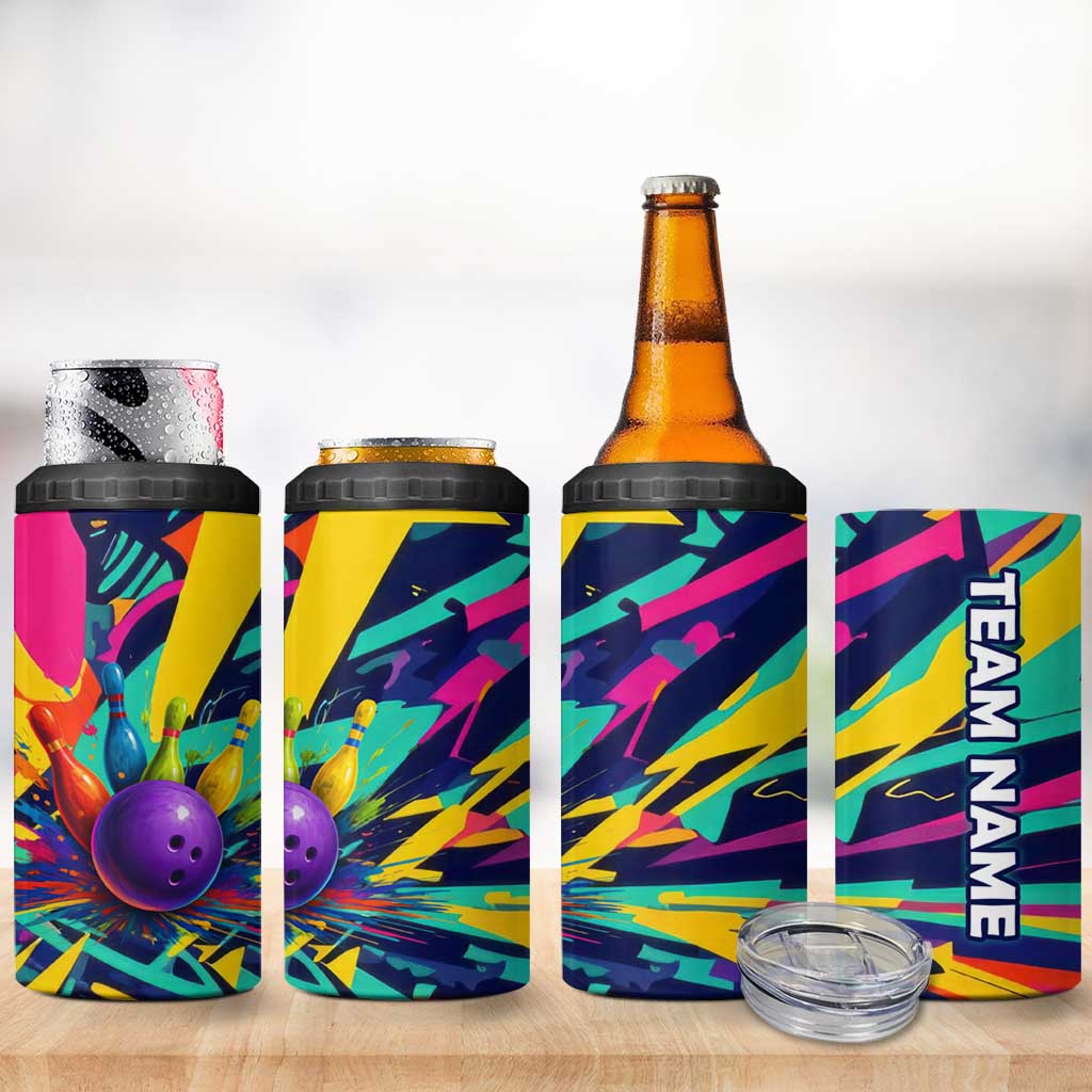 Custom Bowling Strike Design 4 in 1 Can Cooler Tumbler Colorful Pins and Purple Ball in Abstract Splatter Art Style - Wonder Print Shop
