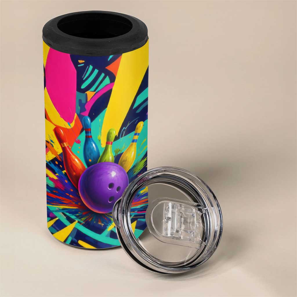 Custom Bowling Strike Design 4 in 1 Can Cooler Tumbler Colorful Pins and Purple Ball in Abstract Splatter Art Style - Wonder Print Shop