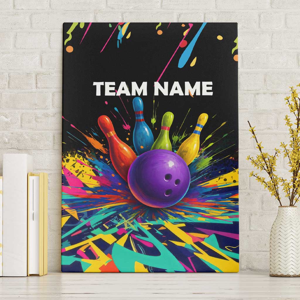 Custom Bowling Strike Design Canvas Wall Art Colorful Pins and Purple Ball in Abstract Splatter Art Style - Wonder Print Shop