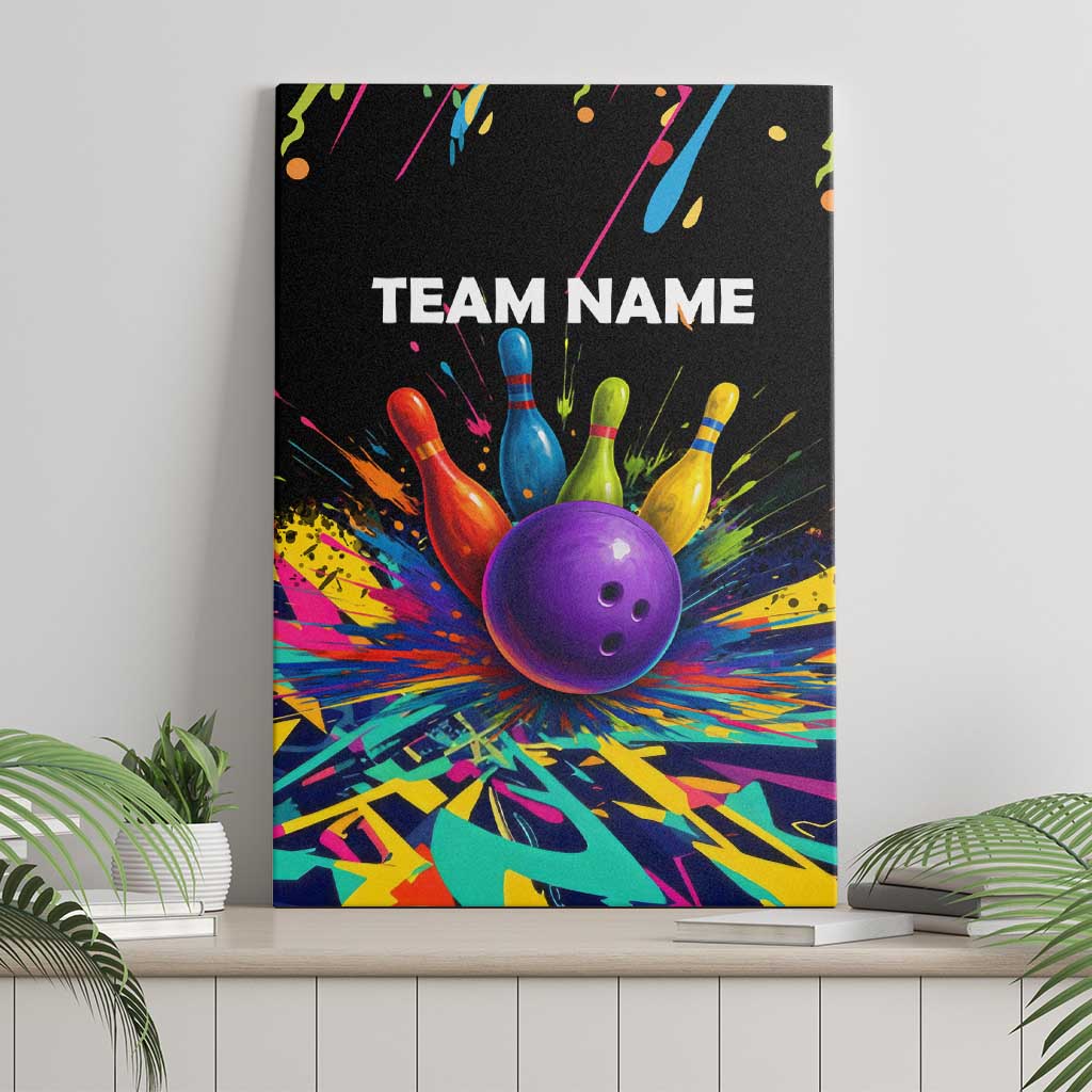 Custom Bowling Strike Design Canvas Wall Art Colorful Pins and Purple Ball in Abstract Splatter Art Style - Wonder Print Shop