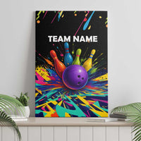 Custom Bowling Strike Design Canvas Wall Art Colorful Pins and Purple Ball in Abstract Splatter Art Style - Wonder Print Shop