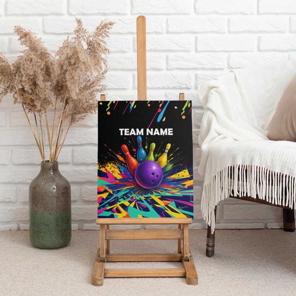 Custom Bowling Strike Design Canvas Wall Art Colorful Pins and Purple Ball in Abstract Splatter Art Style - Wonder Print Shop