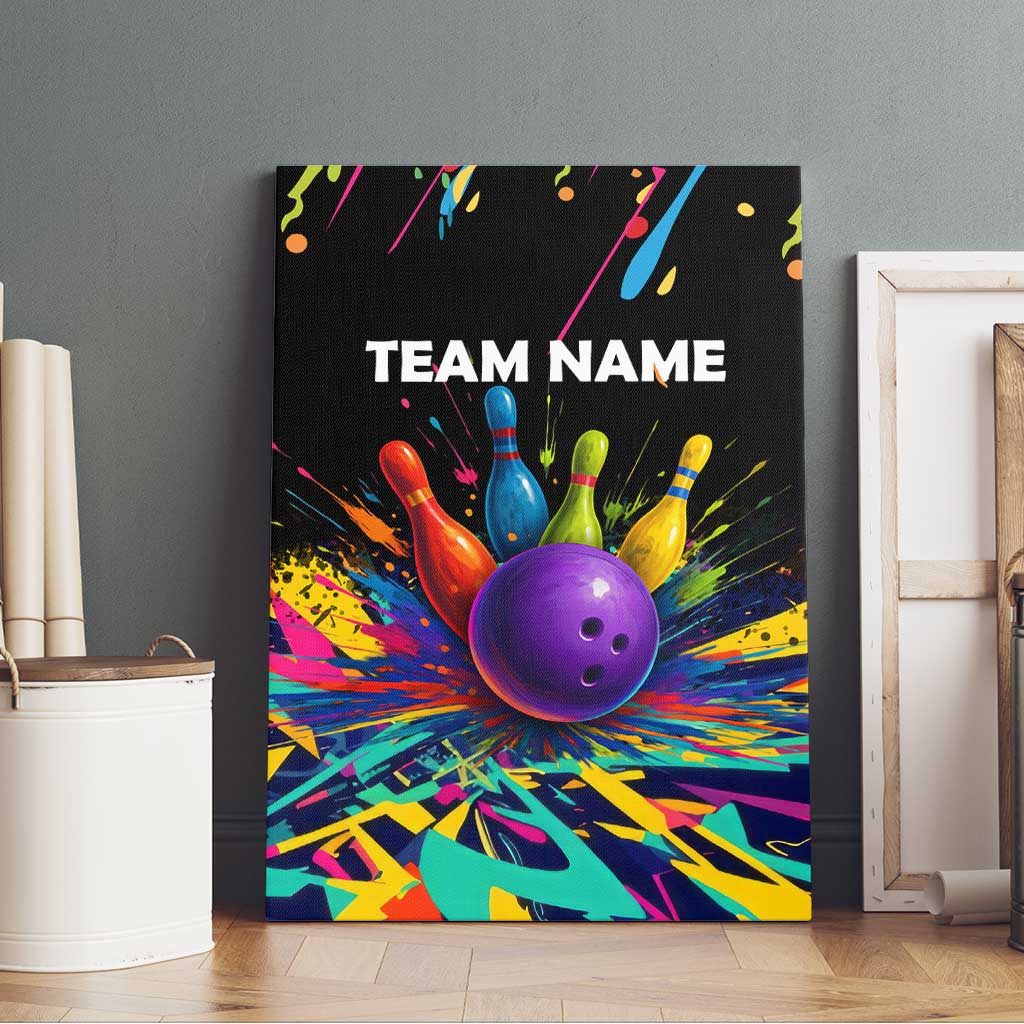 Custom Bowling Strike Design Canvas Wall Art Colorful Pins and Purple Ball in Abstract Splatter Art Style - Wonder Print Shop