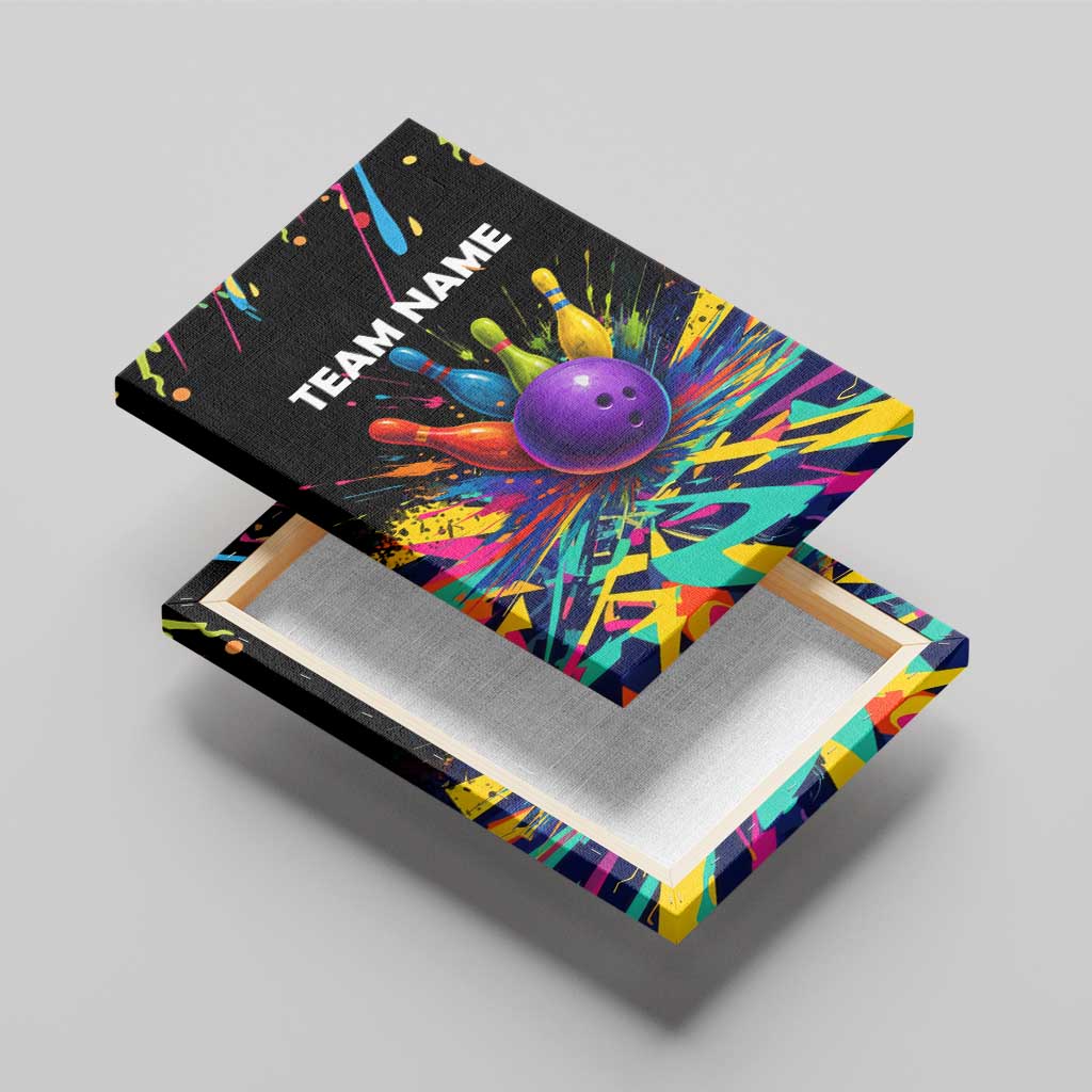 Custom Bowling Strike Design Canvas Wall Art Colorful Pins and Purple Ball in Abstract Splatter Art Style - Wonder Print Shop