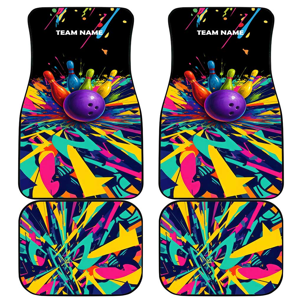 Custom Bowling Strike Design Car Mats Colorful Pins and Purple Ball in Abstract Splatter Art Style - Wonder Print Shop