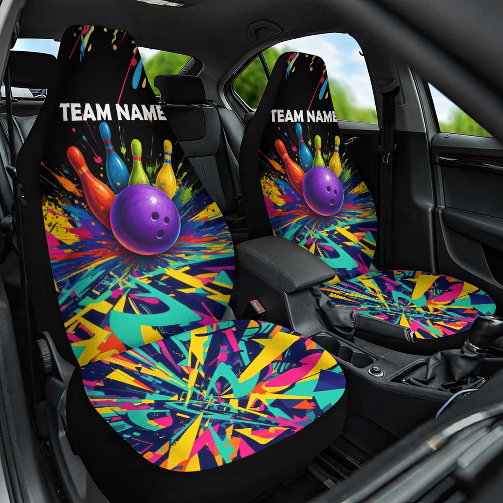 Custom Bowling Strike Design Car Seat Cover Colorful Pins and Purple Ball in Abstract Splatter Art Style - Wonder Print Shop