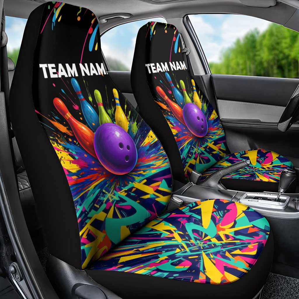 Custom Bowling Strike Design Car Seat Cover Colorful Pins and Purple Ball in Abstract Splatter Art Style - Wonder Print Shop