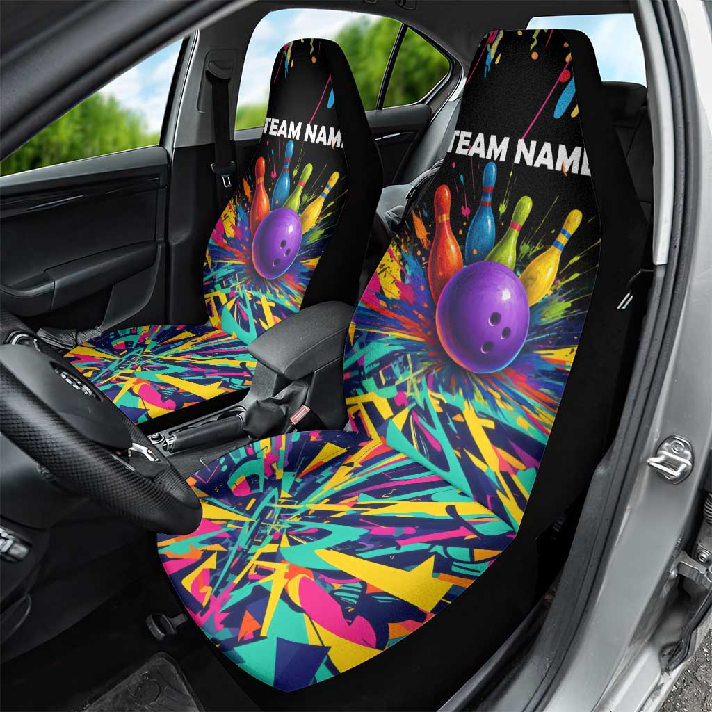 Custom Bowling Strike Design Car Seat Cover Colorful Pins and Purple Ball in Abstract Splatter Art Style - Wonder Print Shop