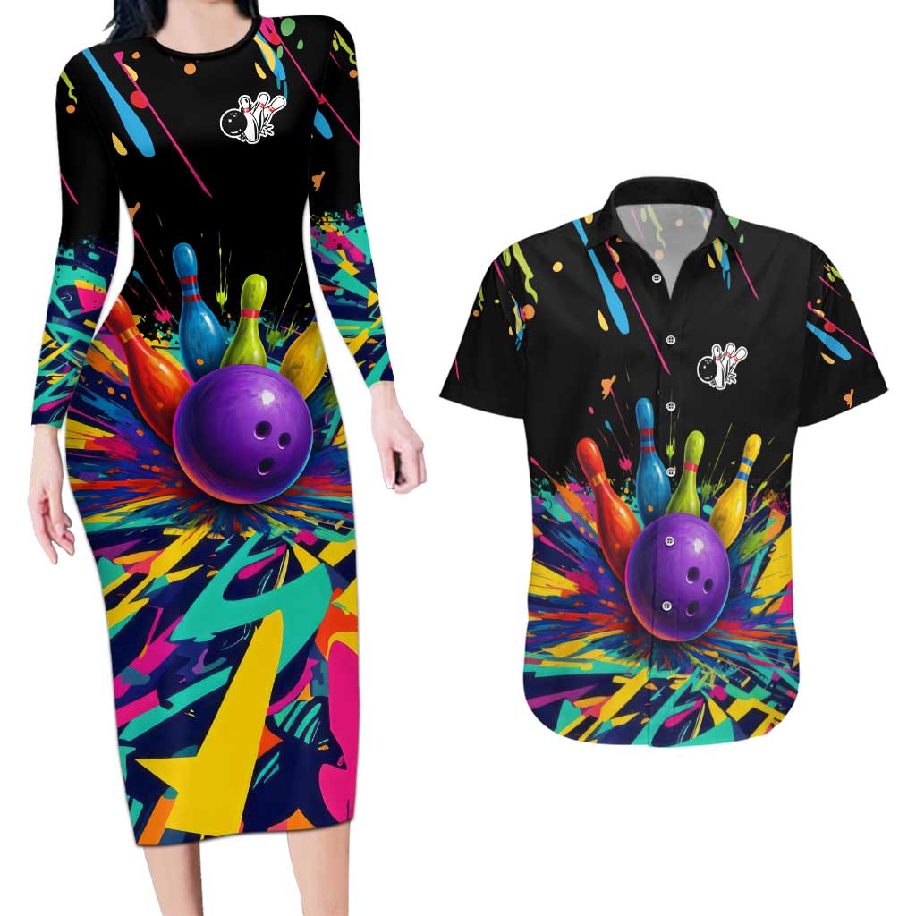 Custom Bowling Strike Design Couples Matching Long Sleeve Bodycon Dress and Hawaiian Shirt Colorful Pins and Purple Ball in Abstract Splatter Art Style - Wonder Print Shop