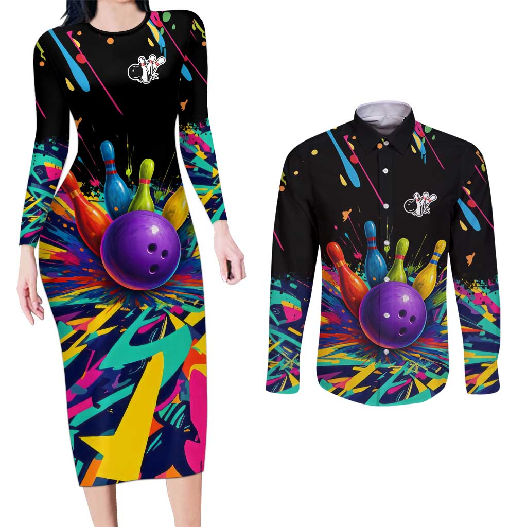 Custom Bowling Strike Design Couples Matching Long Sleeve Bodycon Dress and Long Sleeve Button Shirt Colorful Pins and Purple Ball in Abstract Splatter Art Style - Wonder Print Shop