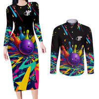 Custom Bowling Strike Design Couples Matching Long Sleeve Bodycon Dress and Long Sleeve Button Shirt Colorful Pins and Purple Ball in Abstract Splatter Art Style - Wonder Print Shop