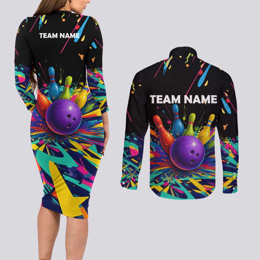 Custom Bowling Strike Design Couples Matching Long Sleeve Bodycon Dress and Long Sleeve Button Shirt Colorful Pins and Purple Ball in Abstract Splatter Art Style - Wonder Print Shop
