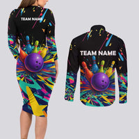 Custom Bowling Strike Design Couples Matching Long Sleeve Bodycon Dress and Long Sleeve Button Shirt Colorful Pins and Purple Ball in Abstract Splatter Art Style - Wonder Print Shop