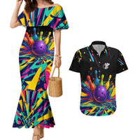 Custom Bowling Strike Design Couples Matching Mermaid Dress and Hawaiian Shirt Colorful Pins and Purple Ball in Abstract Splatter Art Style - Wonder Print Shop
