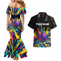 Custom Bowling Strike Design Couples Matching Mermaid Dress and Hawaiian Shirt Colorful Pins and Purple Ball in Abstract Splatter Art Style - Wonder Print Shop