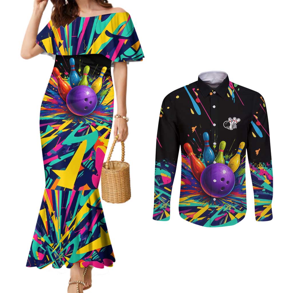 Custom Bowling Strike Design Couples Matching Mermaid Dress and Long Sleeve Button Shirt Colorful Pins and Purple Ball in Abstract Splatter Art Style - Wonder Print Shop
