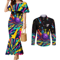 Custom Bowling Strike Design Couples Matching Mermaid Dress and Long Sleeve Button Shirt Colorful Pins and Purple Ball in Abstract Splatter Art Style - Wonder Print Shop