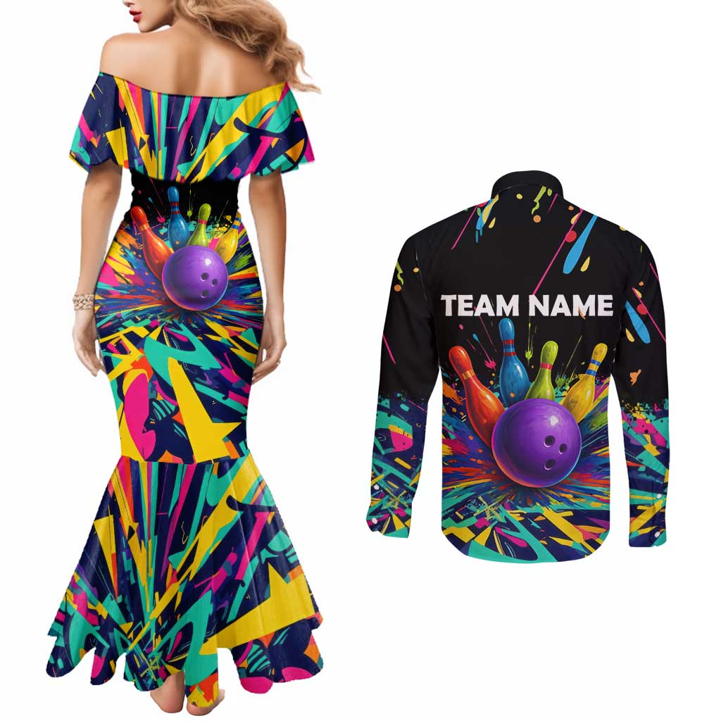 Custom Bowling Strike Design Couples Matching Mermaid Dress and Long Sleeve Button Shirt Colorful Pins and Purple Ball in Abstract Splatter Art Style - Wonder Print Shop