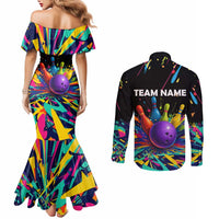 Custom Bowling Strike Design Couples Matching Mermaid Dress and Long Sleeve Button Shirt Colorful Pins and Purple Ball in Abstract Splatter Art Style - Wonder Print Shop