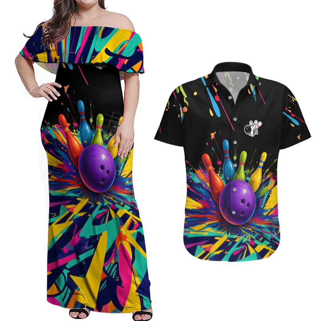 Custom Bowling Strike Design Couples Matching Off Shoulder Maxi Dress and Hawaiian Shirt Colorful Pins and Purple Ball in Abstract Splatter Art Style - Wonder Print Shop