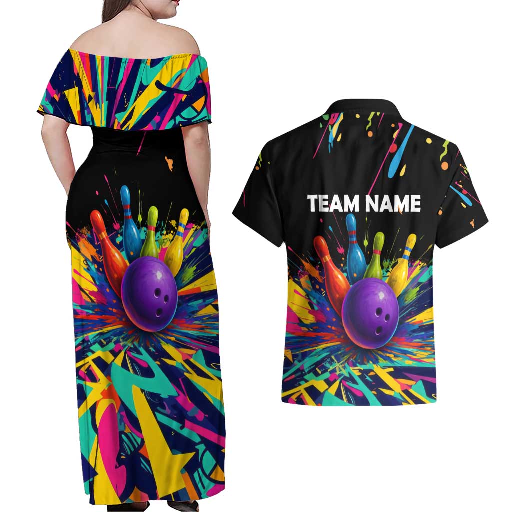 Custom Bowling Strike Design Couples Matching Off Shoulder Maxi Dress and Hawaiian Shirt Colorful Pins and Purple Ball in Abstract Splatter Art Style - Wonder Print Shop