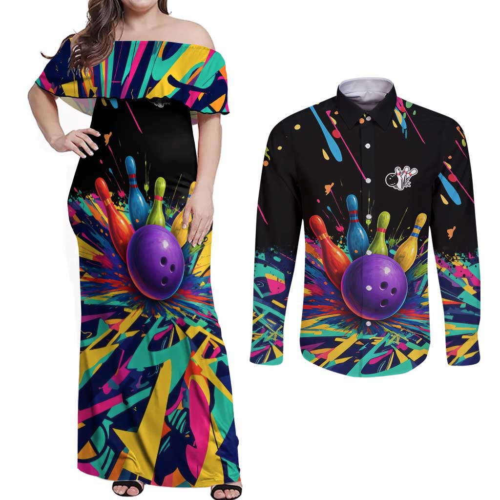 Custom Bowling Strike Design Couples Matching Off Shoulder Maxi Dress and Long Sleeve Button Shirt Colorful Pins and Purple Ball in Abstract Splatter Art Style - Wonder Print Shop