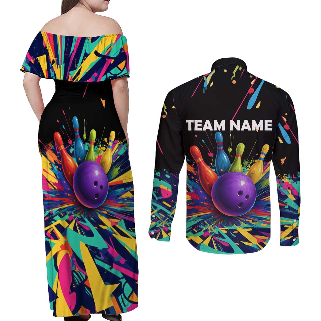 Custom Bowling Strike Design Couples Matching Off Shoulder Maxi Dress and Long Sleeve Button Shirt Colorful Pins and Purple Ball in Abstract Splatter Art Style - Wonder Print Shop