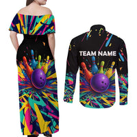 Custom Bowling Strike Design Couples Matching Off Shoulder Maxi Dress and Long Sleeve Button Shirt Colorful Pins and Purple Ball in Abstract Splatter Art Style - Wonder Print Shop