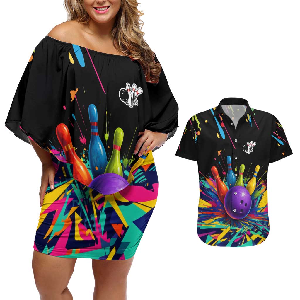 Custom Bowling Strike Design Couples Matching Off Shoulder Short Dress and Hawaiian Shirt Colorful Pins and Purple Ball in Abstract Splatter Art Style - Wonder Print Shop
