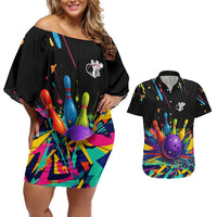 Custom Bowling Strike Design Couples Matching Off Shoulder Short Dress and Hawaiian Shirt Colorful Pins and Purple Ball in Abstract Splatter Art Style - Wonder Print Shop