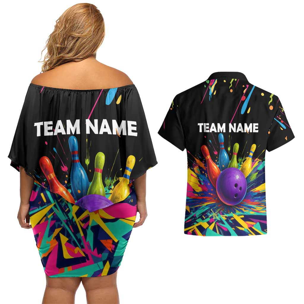 Custom Bowling Strike Design Couples Matching Off Shoulder Short Dress and Hawaiian Shirt Colorful Pins and Purple Ball in Abstract Splatter Art Style - Wonder Print Shop