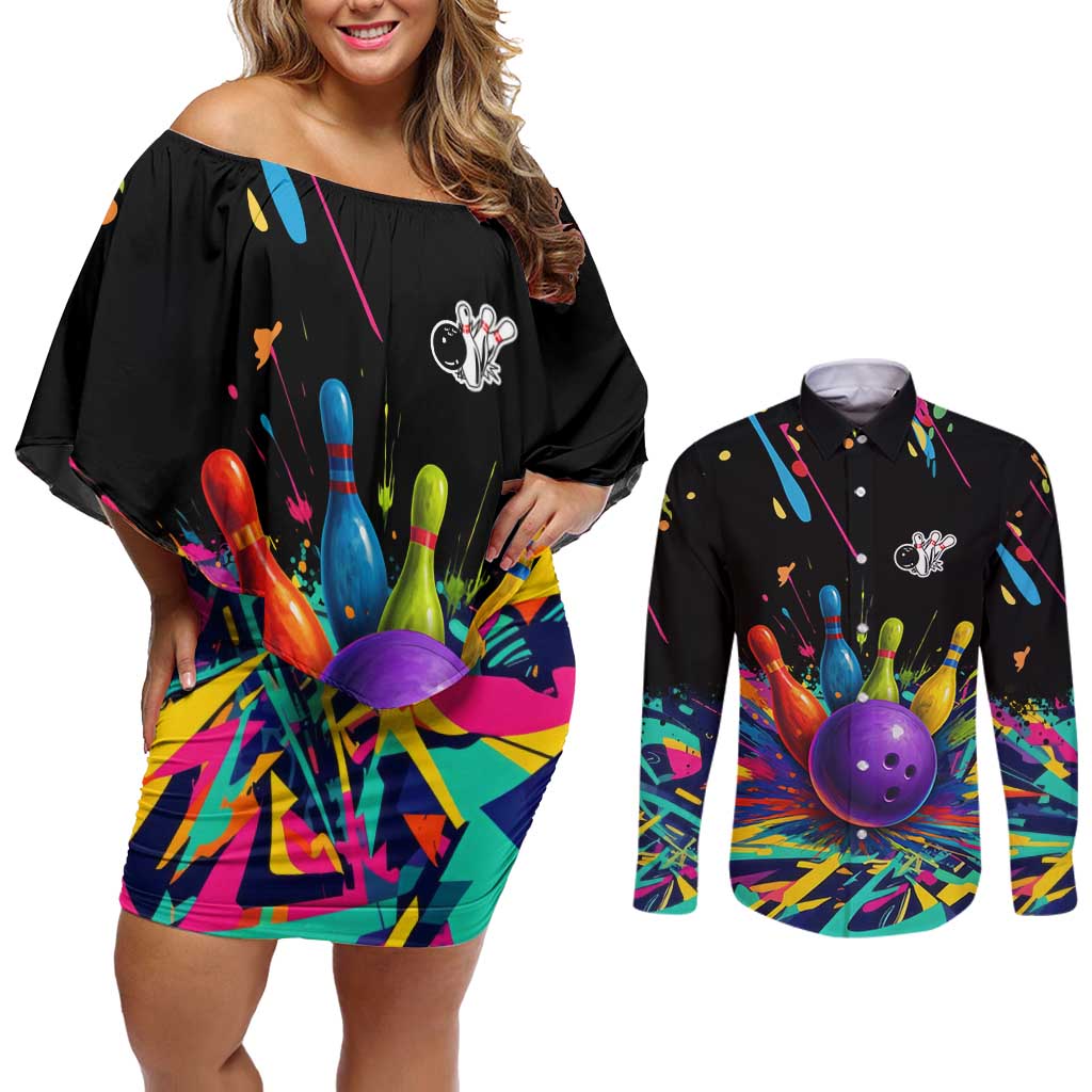 Custom Bowling Strike Design Couples Matching Off Shoulder Short Dress and Long Sleeve Button Shirt Colorful Pins and Purple Ball in Abstract Splatter Art Style - Wonder Print Shop