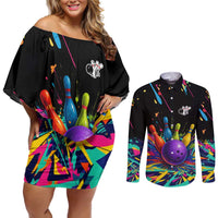 Custom Bowling Strike Design Couples Matching Off Shoulder Short Dress and Long Sleeve Button Shirt Colorful Pins and Purple Ball in Abstract Splatter Art Style - Wonder Print Shop